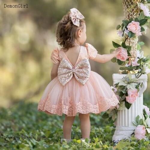 6M-14Y Toddler Baby Kid Girls Dress Princess Lace Bow Sequins Wedding Party Dresses Christening 1st Birthday Dress