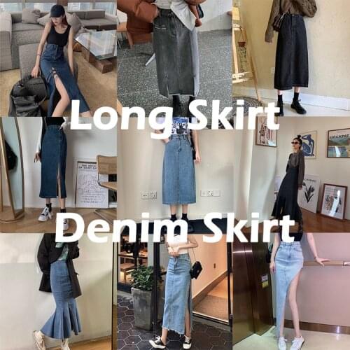 JuneRain Retro Long Midi Denim Skirts Women High Waist Button Pockets Split Jeans Straight Skirts Plus Size Autumn Spring Bottom