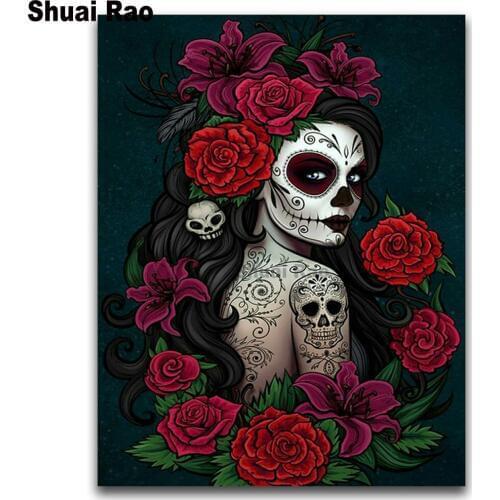 Full square round diy Diamond Painting rose SKull girl Cross Stitch 5D Diamond Embroidery Mosaic fantasy art Tattoo woman