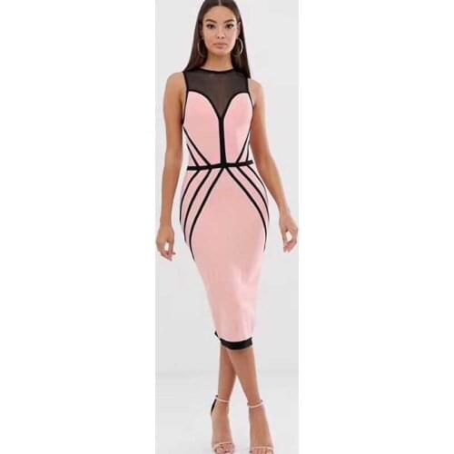 Wholesale 2020 Newest Women dress Pink Elastic tight Sexy perspective Celebrity Cocktail party bandage dress