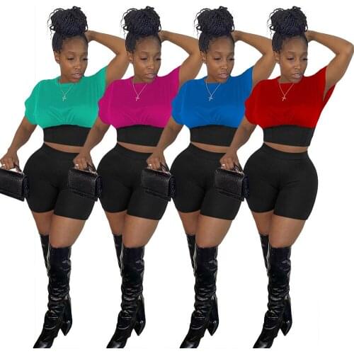 Sexy Patchwork Tracksuit 2 Pieces Shorts Sets Women Short Sleeve Crop Top and Black Biker Shorts Summer Clothing Club Outfits