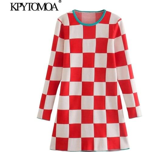KPYTOMOA Women 2021 Fashion Patchwork Check Knitted Mini Dress Vintage O Neck Long Sleeve Female Dresses Vestidos Mujer