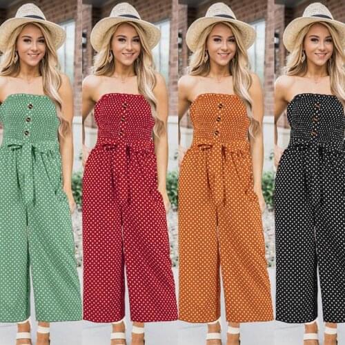 Summer Womens Jumpsuits&Rompers Dot Color Print Jumpsuit Button With Belt Straight Pants Sleeveless Casual Female Leopard C2697