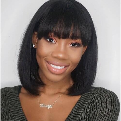 Luvin Cheap Short Bob Remy Human hair Wigs With Bangs Fashion Straight Full Machine Wig For Black Women Pixie Cut