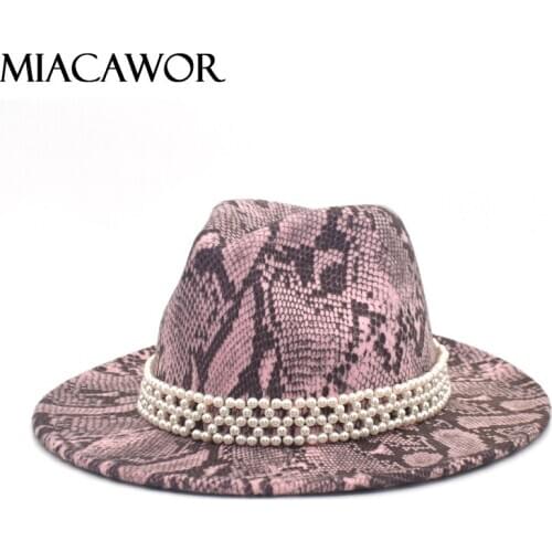 MIACAWOR Classic Ladies Fedoras Snake Print Fedora Hat Autumn And Winter Wool Jazz Hat British Retro Cowboy Hat F89