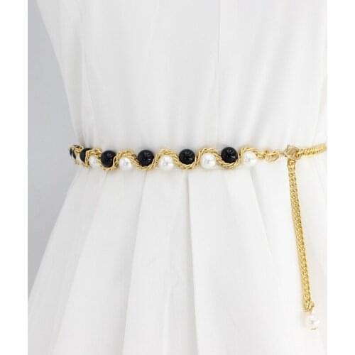 Fashion Women Metal Fine Waist Chain Imitation Pearls Rose Flower Waist Strap Coat Skirt Lady All-Match Decorative Waistband
