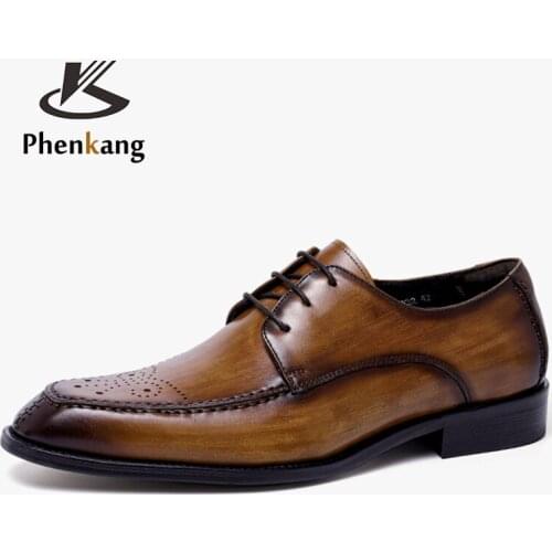 Men Original Leather Polished Designer Brand Brogues Dress Carved Suit Genuine Leather Brown Laces Wedding Shoes Phenkang 2021