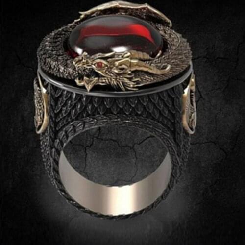 Mens Domineering Dragon Ring Dragon Pattern Men Rings Inlaid Big Oval Red Stone Noble Wedding Party Finger Rings Male Trendy