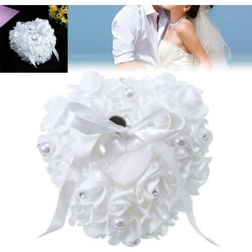 Pearl PE Foam Roses Wedding Ring Bearer Pillow Propose Ring Boxes Pillow Cushion White Romantic For Wedding Party Articles