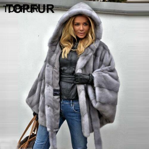 TOPFUR New Arrive Solid GenuineMink Fur Coat Women Natural Gray Mink Fur Coats With Hood Solid Batwing Sleeve Warm Mink