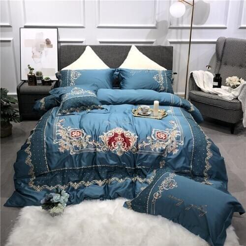 New luxury Royal blue 100S Egyptian cotton Embroidery Bedding sets Queen King Wedding Duvet cover Bed sheet set Pillowcases 4pcs