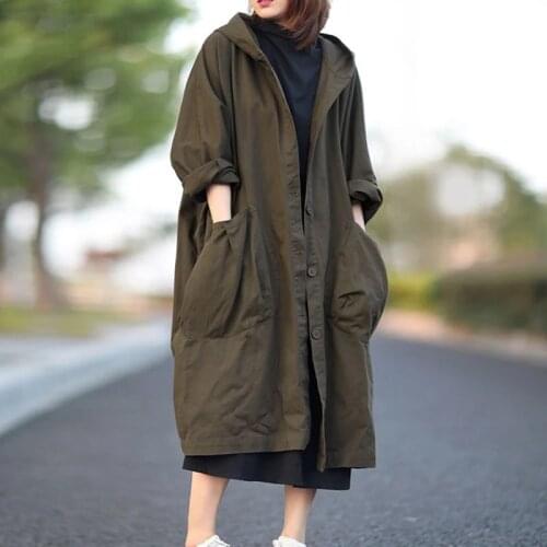 2021 Autumn New Loose Plus Size Hooded Single Breasted Windbreaker Simple Casual Solid All-Match Women Long Coat Female Outwear