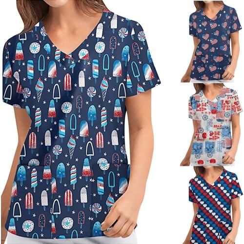 Nursing Uniform Scrubs For Women Short Sleeve Tops Working Uniform Independence Day Printed Pocket Blouse медицинская одежда q5