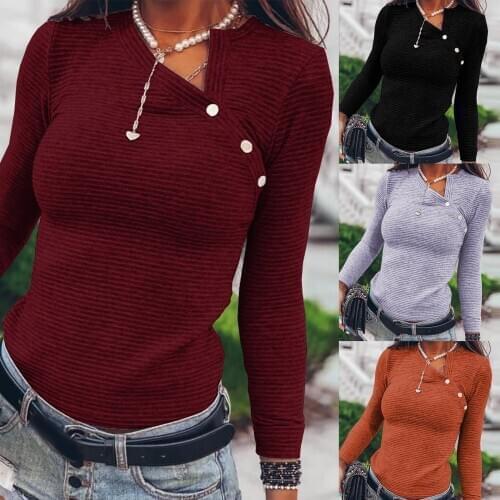 2020 New T Shirt Autumn Winter Women Fashion Slant Collar Stripes Buttons Pullover Female Top Basic Blouse