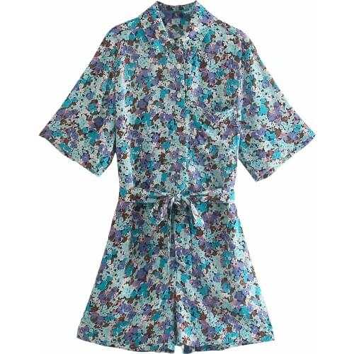 Fashion Floral Print Vintage Jumpsuits Women Elegant Buttons Short Sleeve Playsuit Women Turn Down Collar Rompers Ladies onesies