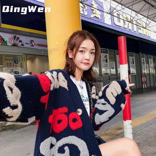 QingWen Spring Autumn New Korean Alphabet Medium Length Loose Large Size Fashion Knitted Cardigan Coat Women Casual Streetwear