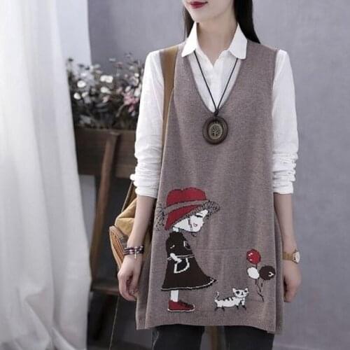 2021 Spring Autumn Korean Loose Cartoon Girl and Cat Jacquard Sweater V-Neck Sleeveless Short Knit Waistcoat Vest Women Y377