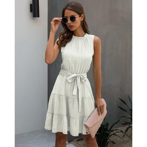 2021 Spring Summer Sweet Pleated Dress A-Line Women Fashion Sashes Dress Sleeveless Pure Color Mini Sundress Female Beach Dress
