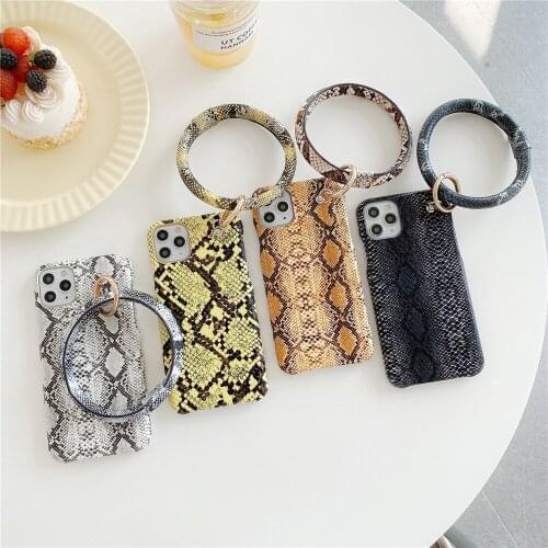 Hard Case with Portable Ring Wristband Phone Case for iPhone 12 Mini 11 Pro Max Xs Max XR 7 8plus PU Leather Snakeskin Pattern
