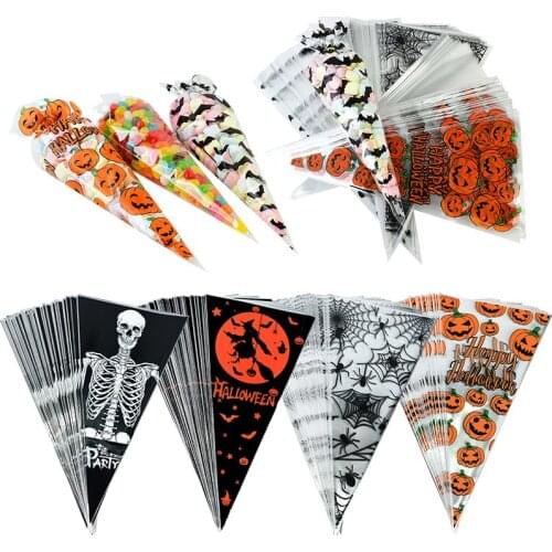 100/150pcs Halloween Transparent Cone Bags Pumpkin Bat Spider Triangle-shape Candy Bags Clear Cellophane Packaging Gift Supplies