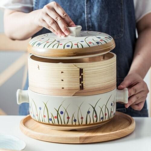2-layer Food Steamer Pot Hot Pot Soup Stock Stewpot with Bamboo Steamer 2.5L Ceramic Pot Cooking Pots for Cooking Cookware