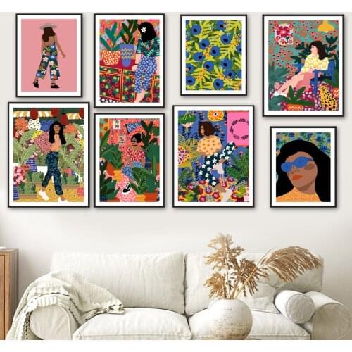 Abstract Retro Fashion Colorful Boho Girl Flower Leaf Nordic Poster Wall Art Print Canvas Painting Decor Picture For Living Room