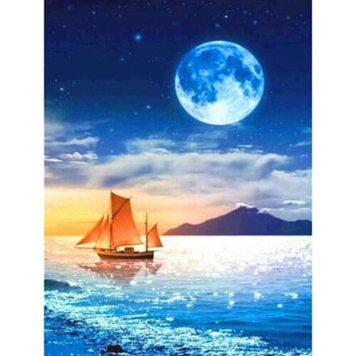 5D DIY Diamond Painting Landscape Picture Sea Moon Sail Scene Picture Square/Round Diamond Cross Stitch Decorative Gift WG3090