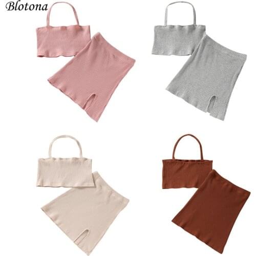 Blotona 2Pcs Kids Summer Outfit, Solid Color Ribbed Halter Neck Sleeveless Crop Tops + Short Slit Skirt for Girls, 2-7 Years