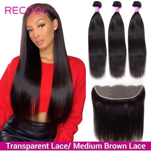 Recool Brazilian Straight Human Hair 3 Bundles With Lace Frontal 13x4 Ear To Ear HD Transparent Lace Front Closure With Bundles