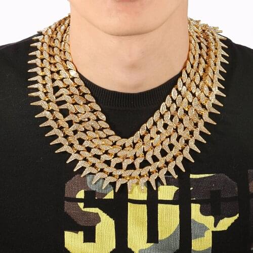 Fashion 23mm Width Micro Pave Cubic Zirconia CZ Gothic Spiked Cuban Link Chain Necklace Hip Hop Rock Punk Men Street Boy Choker