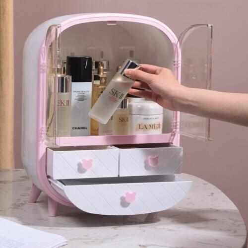 Double-Door Desktop Makeup Storage Box Dust-Proof Household Makeup Organizer Skin Care Product Rack Jewelry Storage Box