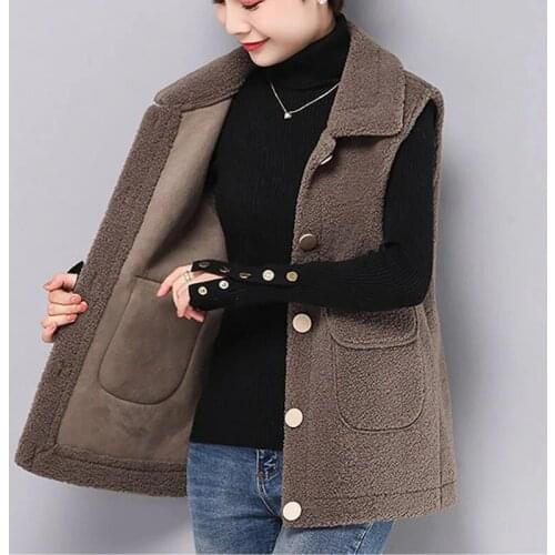 Imitated Lamb Wool Granular Velvet Waistcoat Jacket Female Middle-Aged Mother Loose Outwear Fur Vest Jackets Mom Vest Top Brown