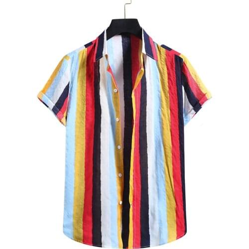 Summer Beach Men Shirt Hawaiian Ethnic Linen Striped Print Short Sleeve Casual Blouse Streetwear Camisas Men Clothing Kimono