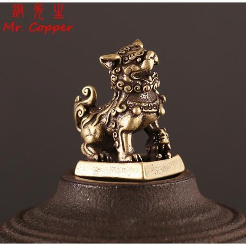 Pure Copper Lion Seal Ornament Lucky Feng Shui Decorations Crafts Bronze Animal Miniature Figurine Home Office Decor Accessories