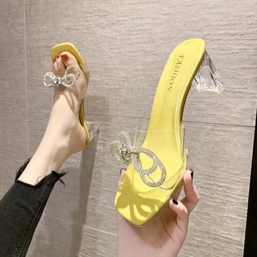 XIXIYIPIN Fashion Transparent PVC Bling Crystal Bow Sexy Modern Slippers Women Sandals High Heels Summer Ladies Shoes Peep Toe