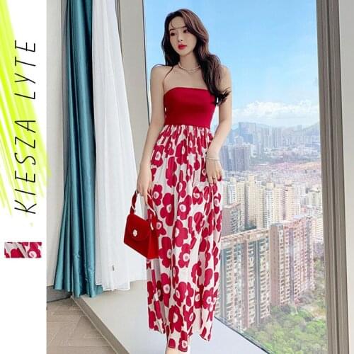 New summer 2021 Beach Dress Holiday Strapless Print Dresses Vestido Feminino