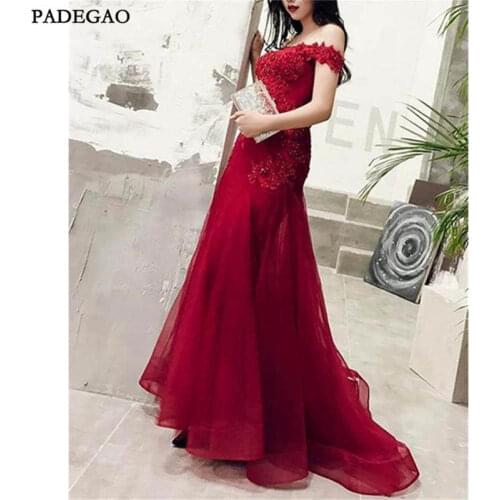 New Arrival Red Evening Dresses With Lace Appliques Off Shoulder Beaded Lace Up Mermaid Tulle Long Prom Gowns Celebrity Party We