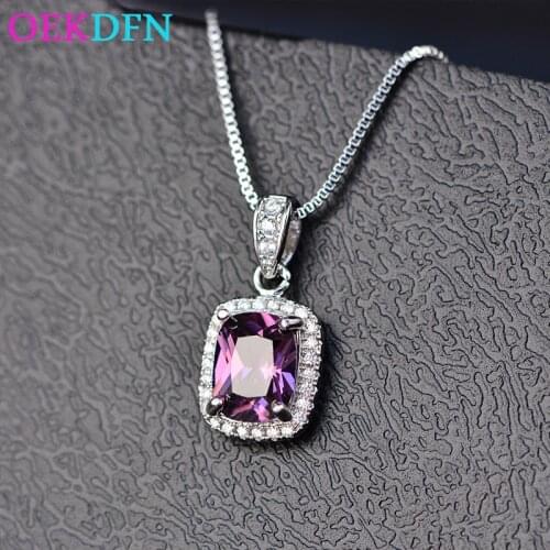 OEKDFN 100% 925 Sterling Silver Necklace Women 7*9 MM Emerald Citrine Sapphire Gemstone Birthstone Engagement Wedding Pendant