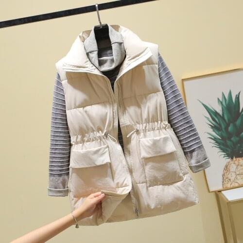 Autumn Winter Womens Solid Loose Vest Drawstring Stand Collar Long Vest Jacket Cotton Padded Womens Windproof Warm Waistcoat