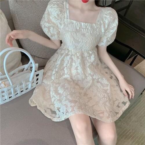 Women Square Collar Back Lace Up Short Sleeve Dress Female French Style Summer Hollow Out Puff Sleeve Dresses