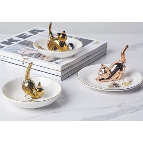 Nordic ornaments jewelry tray gold-plated cat ceramic ornaments jewelry storage tray ring tray
