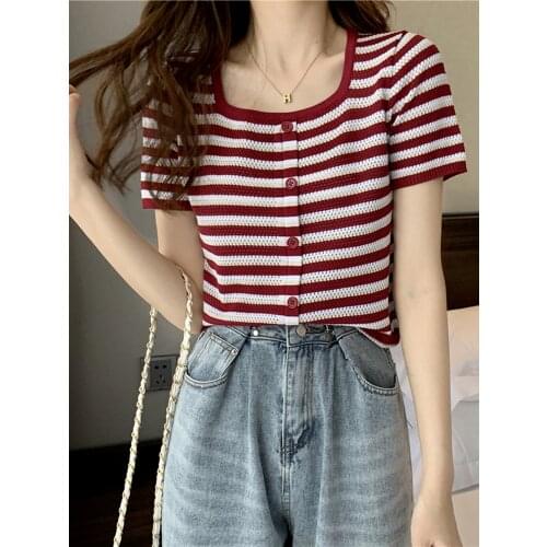 Pullover Korean Version of All-match Thin Bottoming Shirt Womens Summer 2021 New Slim Slimming Square Collar Striped Sweater