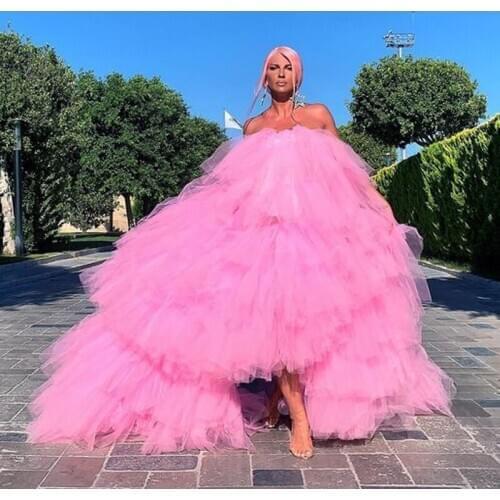 Strapless Puffy Ball Gown Tull Pink Tulle Formal Party Skirts Vestidos Robe 2020 New Women Summer Skirts Custom Made