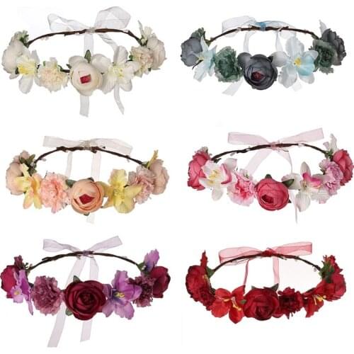 Adjustable Floral Garland Colorful Flower Wreath Crown Headband with Ribbon for Wedding Festival Travelling Photo Props