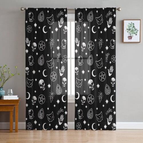 Black Witch Skull Moon Divination Window Treatment Tulle Sheer Curtains for Kitchen Living Room The Bedroom Curtains Decoration