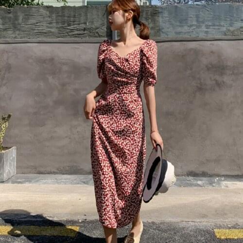 Vintage Dress Robe Casual Long Women Dress Cherry Print Short Sleeve Holiday Boho Beach Summer Dress 2021 Square Collar