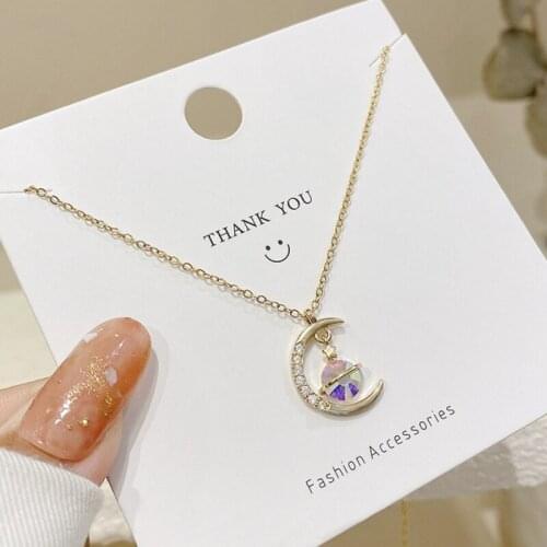 VSnow Fairy Sweet Moon Star Circle Geometric Pendant Necklace for Women Gold Metal Rhinestone Stainless Steel Necklace Jewelry