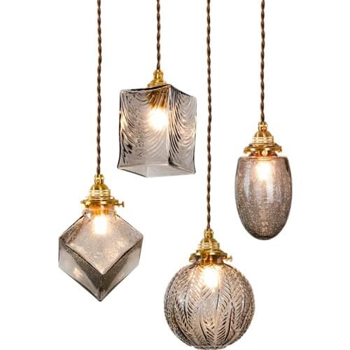 Japan retro smoke gray glass pendant lights bedroom bedside living room luxury brass lamps bathroom hanging bar lights fixtures