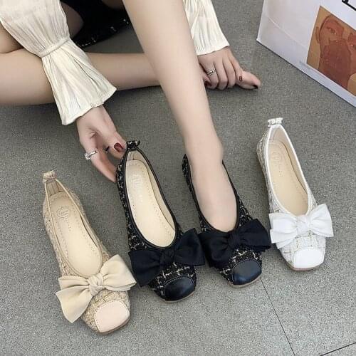COOTELILI Women Flats 2021 Spring New Fashion Flats Womans Square Toe Bow Decoration 1.5cm Heel Slip On Basic No Slip Size 35-40