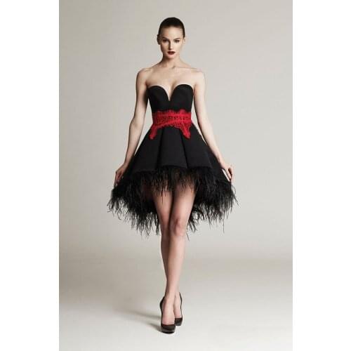 Vestidos De Formatura Curto Sweetheart Corset Red Lace Black Feather High Low Prom gown Special Occasion bridesmaid dresses